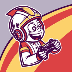 Vector art of excited cartoon gamer boy with helmet and controller