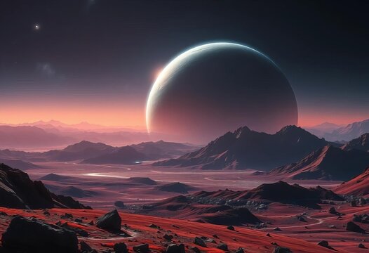 Stunning alien landscape, half-lit planet backdrop, alien planet, astronomy