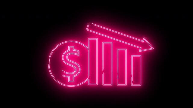 dollar coin icon and down chart icon with neon effect