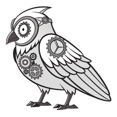 Vector art of steampunk owl with gears and mechanical details in black and white