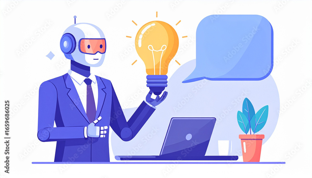 Poster an artificial intelligence robot holding a light bulb, representing an idea or innovation