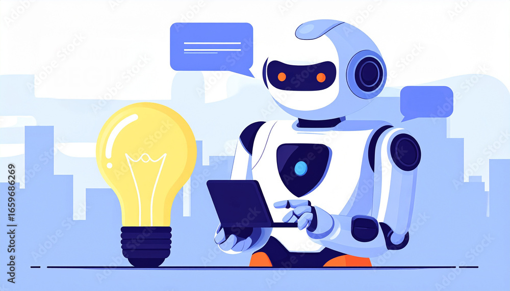Poster a cartoon robot working with the light bulb to generate the idea. a new generation of technology