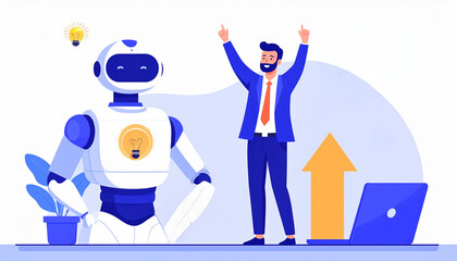 A robot and person celebrate together symbolizing tech and future success. The images depict an innovative and futuristic concept of human-machine collaboration