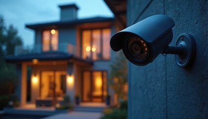Security camera on luxury house exterior wall at dusk. Modern surveillance tech, round lens, protective design, home automation, advanced install for residential area safety, monitoring property,