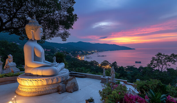 AI generator images of Statues, sculptures of the reclining Buddha, located on the tops of high mountains, cliffs, and beaches.