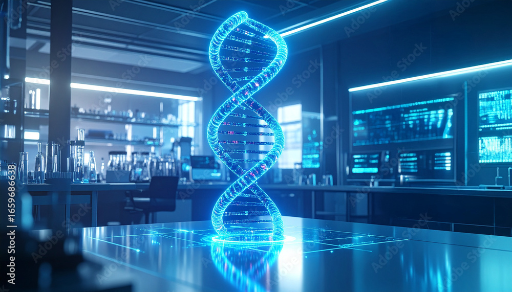 Poster a dna helix glowing blue in a laboratory. a digital representation of a dna helix set inside a scien