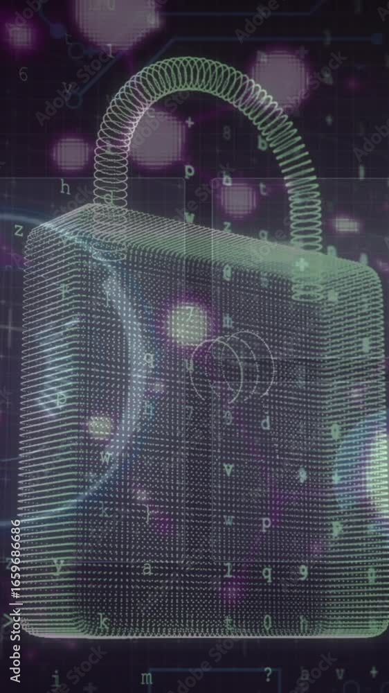 Poster animation of data processing, online security padlock and circuit board