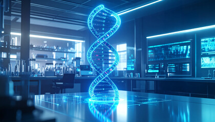 A DNA helix glowing blue in a laboratory. A digital representation of a DNA helix set inside a science lab environment