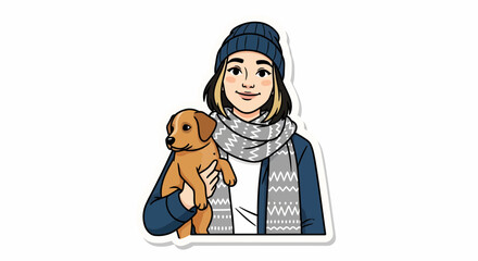 Fototapeta premium Illustration of a young woman in winter clothes holding a puppy