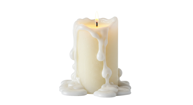 White wax candle burning with melted drips isolated on white background
