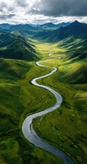 Serpentine River Winding Through Lush Mountain Valley