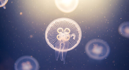 Close-up of translucent moon jellyfish gracefully floating in deep blue ocean water with soft light filtering from above
