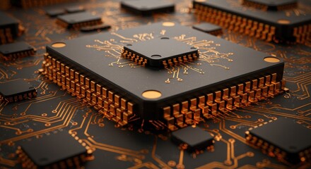 Close-up of Microchip: Golden Contacts on Dark Circuit Board, High-Detail 3D Render