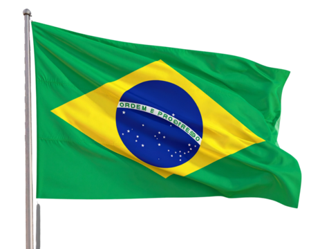  Brazilian Flag Waving from a Tall Flagpole, Side View, Isolated on Transparent Background PNG