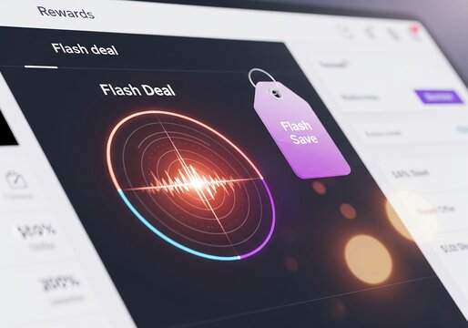 Close-up on a Digital Rewards Interface Showing a 'Flash Deal' Promotion with an Explosive Audio Wave Graphic and Price Tag Icon. - Powered by Adobe