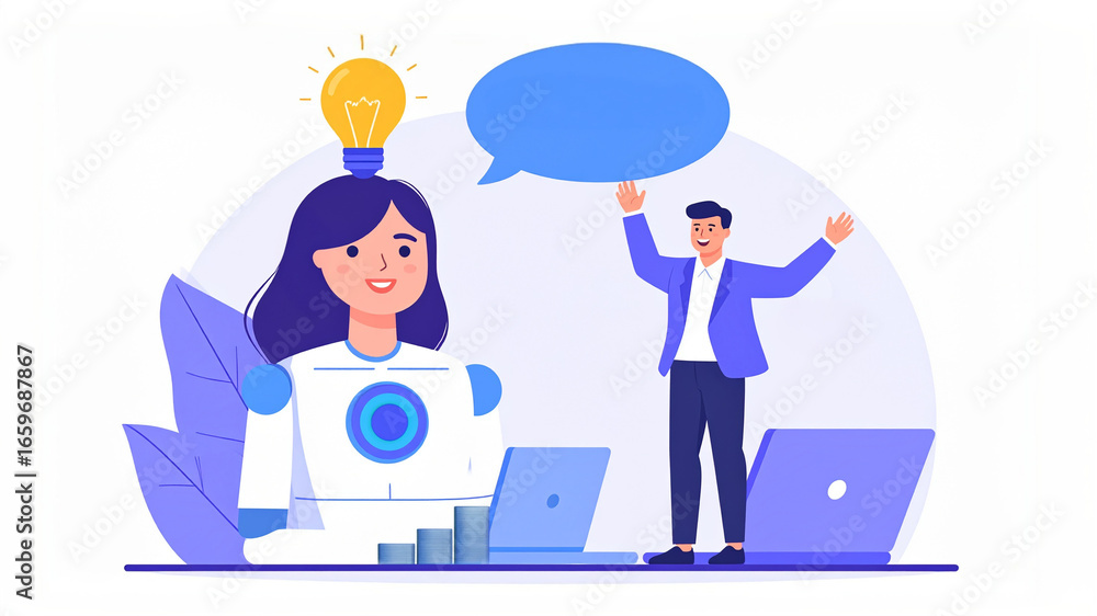Poster concept of teamwork and the idea with a chatbot assistant in creative illustration