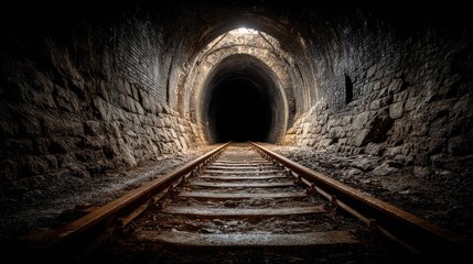Naklejka premium Dark and Mysterious Railway Tunnel with Dim Light at the End, Highlighting Textures of Stone Walls and Wooden Tracks in an Eerie Atmosphere