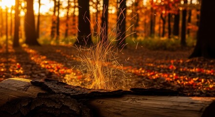 A Magical Vortex of Fiery Sparks Dances in a Golden Autumn Forest at Sunset.
