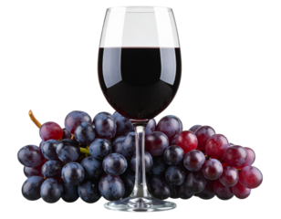  Elegant Glass of Red Wine Beside Fresh Bunch of Red Grapes, Front View, Isolated on Transparent Background PNG