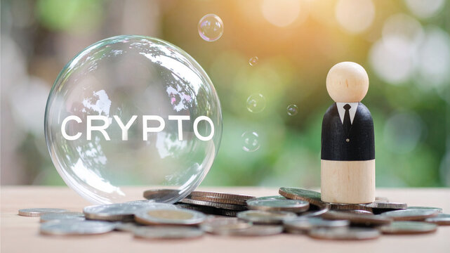 Crypto investment bubble with a symbolic figure of a businessman