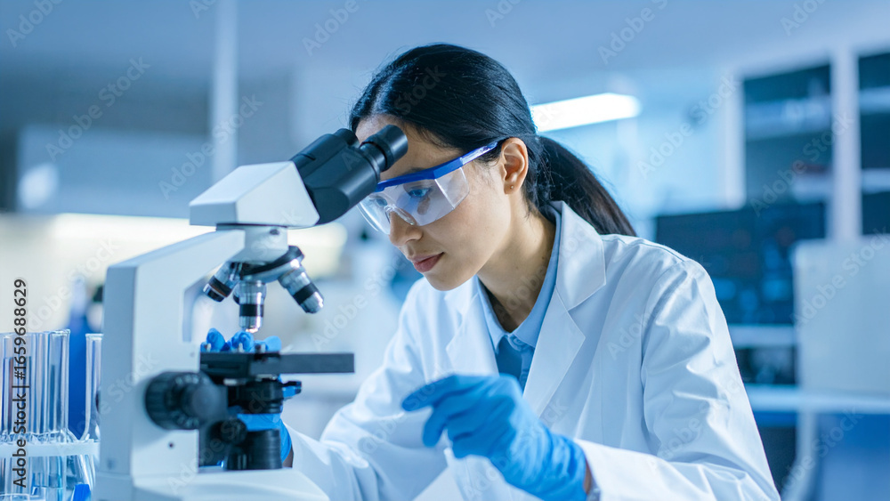 Poster a scientist observing through a microscope in a laboratory. the scene captures the essence of scient