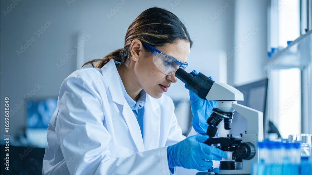 Poster a scientist concentrating on work with a microscope in a professional lab environment. the scene por