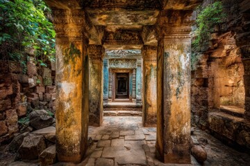 Obraz premium Ancient Cambodian Temple Ruins Passageway
