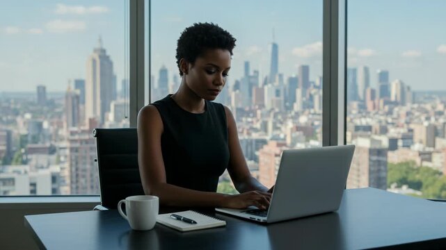 Focused professional woman with short black hair working on a laptop at her desk in a highrise office, with a panoramic cityscape visible through the large window