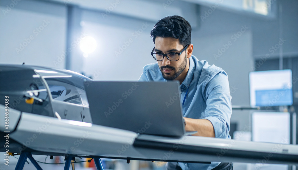Poster a focused man working on a laptop near a drone prototype in a modern lab setting. the man is intense