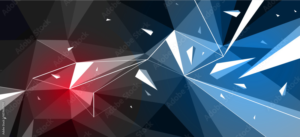 Aufkleber low poly background with particles debris in motion and color spotlights vector design, 3d dynamic s