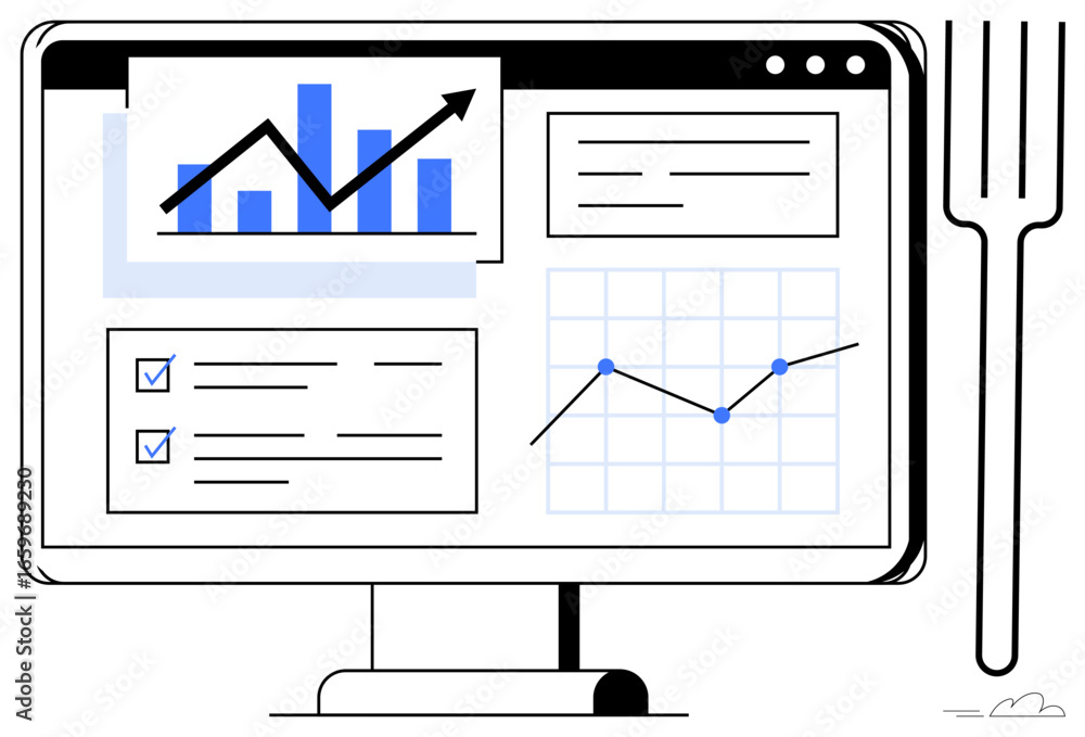 Poster computer monitor showcasing bar and line graphs, checklist, and various charts. ideal for analytics,