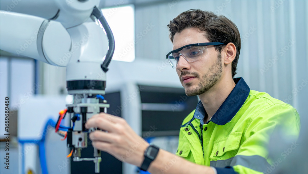 Poster engineer working with industrial robot arm in modern factory setting. he is wearing protective glass