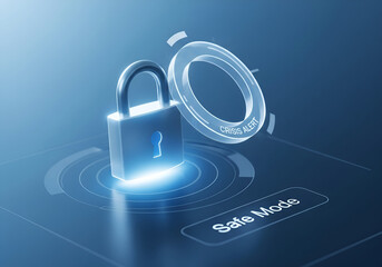 3D rendering of a secure data system with a glowing padlock, a holographic "Crisis Alert" ring, and a "Safe Mode" toggle.