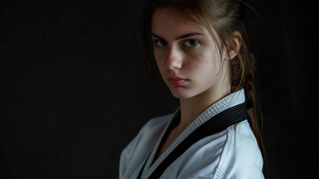 Young female karateka wearing a brown belt and uniform, posing for a martial arts-themed .