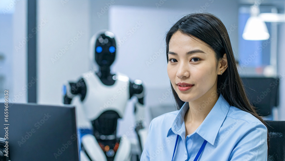 Poster a woman in a modern office working with the ai robot. the woman is smiling while looking at the came