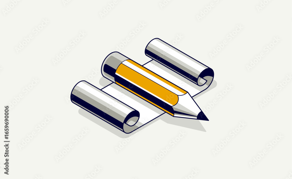 Poster engineering project concept, paper document blueprint with pencil engineer work job vector 3d isomet