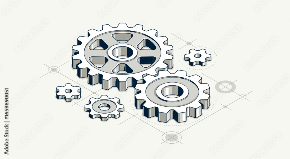Poster invention renovation and development concept, gears and cogs with cad engineering drawing isometric 