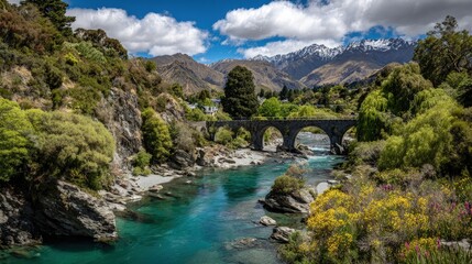Fototapeta premium Azure River Winding Through Mountain Valley with Stone Arch Bridge