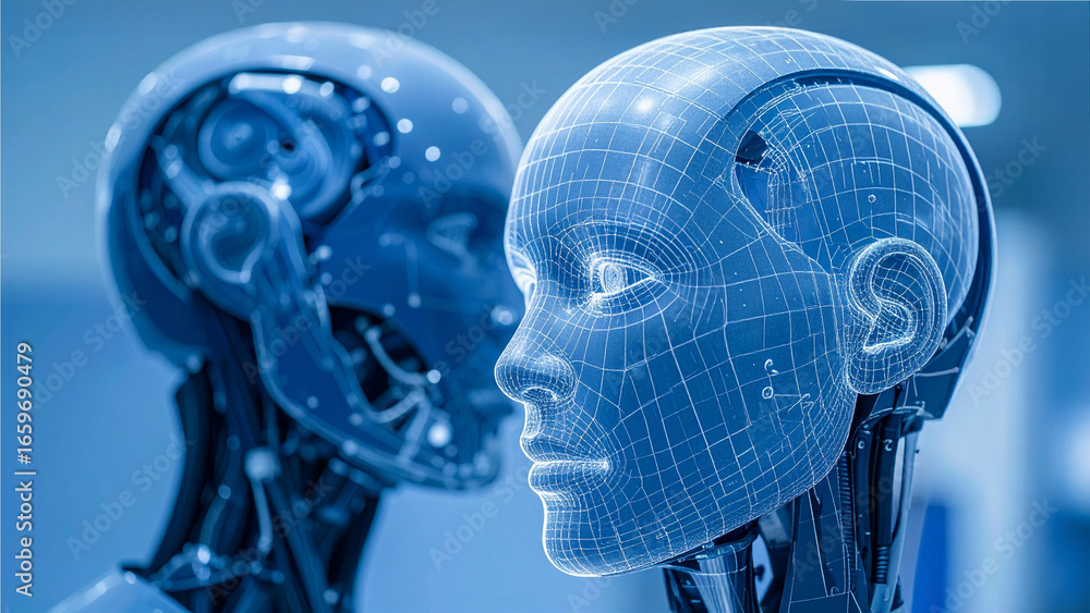 Poster two ai robots facing each other, showcasing advanced artificial intelligence and futuristic technolo