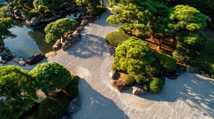 Serene Japanese Zen Garden with Carefully Raked Gravel, Tranquil Pond, Lush Greenery, and Sculpted Trees in Afternoon Light for Relaxation and Meditation Scenery