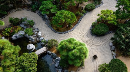 Serene Japanese Garden with Meandering Pathways, Raked Sand, Lush Greenery, and Tranquil Water Features Inviting Peace and Reflection in Nature