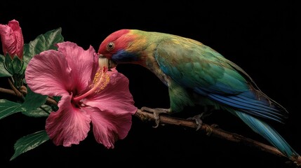 Vibrant Parrot Interacting with Lush Pink Hibiscus Flower in Stunning Close-Up Photography Captivating Nature Beauty and Detail