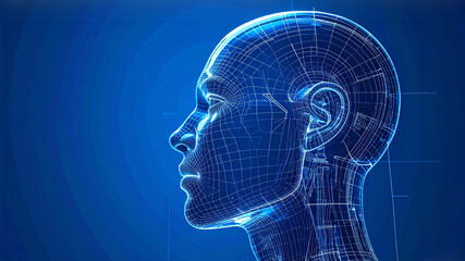 A futuristic digital human head with a wireframe design against a vibrant blue backdrop, showcasing technology and innovation.