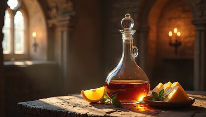 Antique amber liquid decanter on wood table with citrus slice and cheese. Medieval style interior with candle light in tavern. Vintage atmosphere, still life photo.