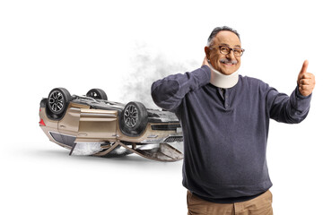Man with a neck injury gesturing thumbs up after a car crash