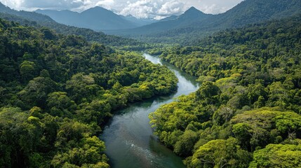 Serene Aerial View of Lush Tropical Rainforest and Meandering River Surrounded by Majestic Mountains Under a Bright Blue Sky