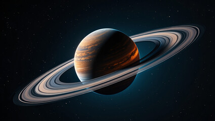 A stunning 3D render of the planet Saturn with glowing, vibrant rings and a star-filled galaxy background.