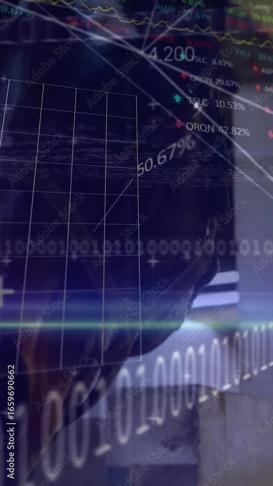 Poster animation of financial data processing over horse in stable