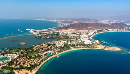 Aerial view of a coastal city with a harbor and mountains