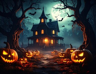 Haunted house halloween night exterior background design